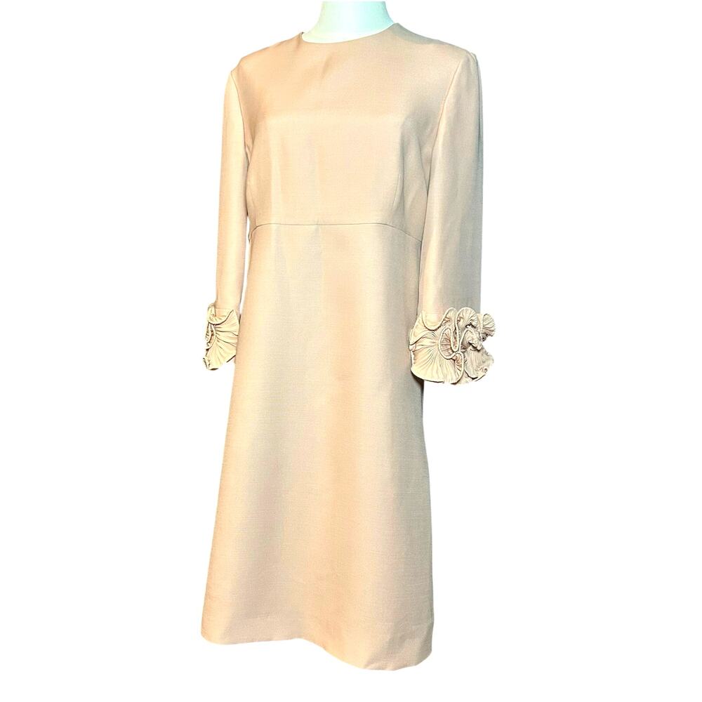 Auth Valentino A Line Dress Pink 44 Wool Silk Ruffle Sleeve Coquette Luxury Glam